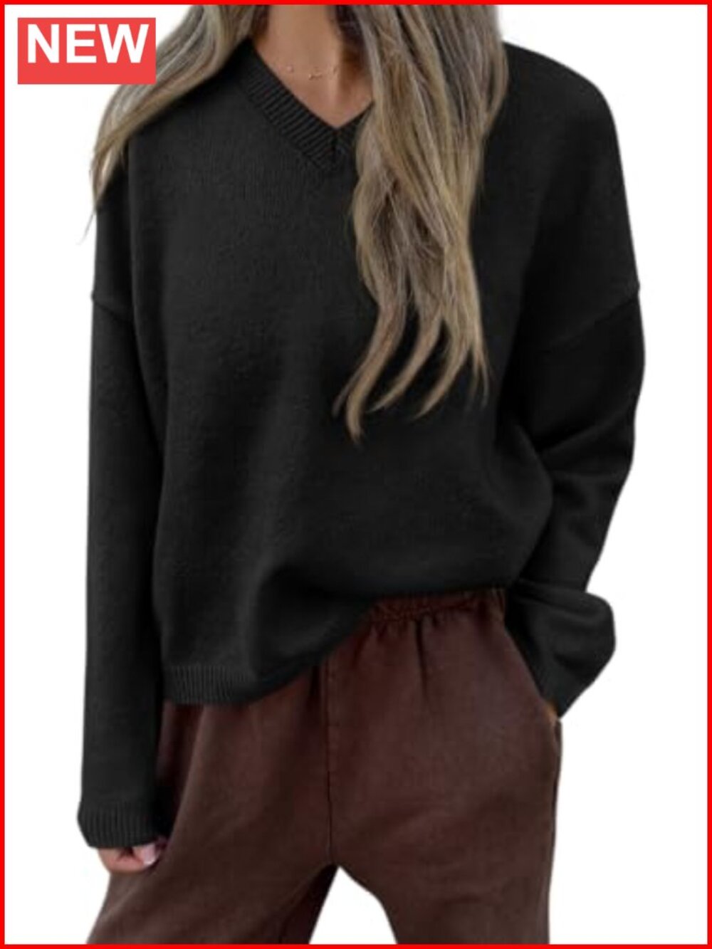 Women's Cozy V Neck Pullover Sweater Long Sleeve Knit Top